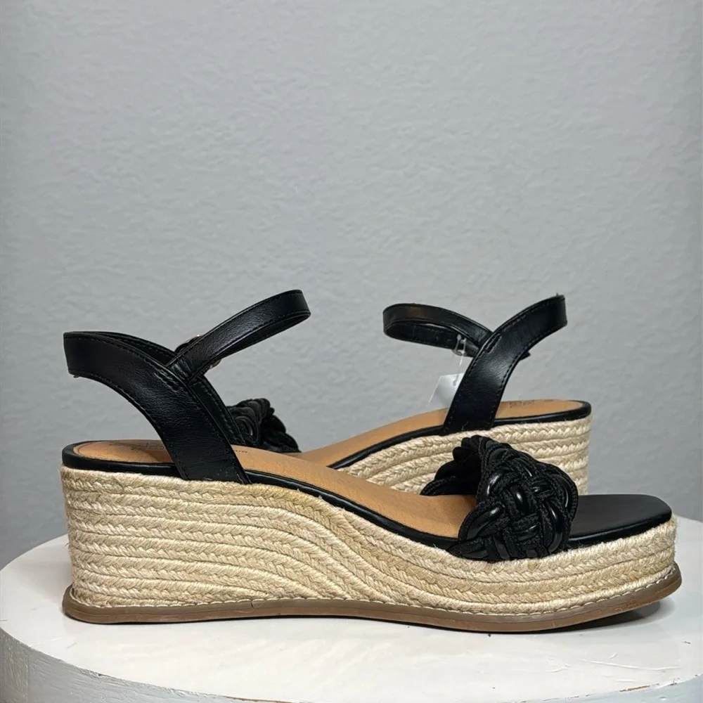 TIME AND TRU WOMENS BLACK BRAIDED ANKLE STRAP ESPADRILLE PLATFORM WEDGES **NWT**